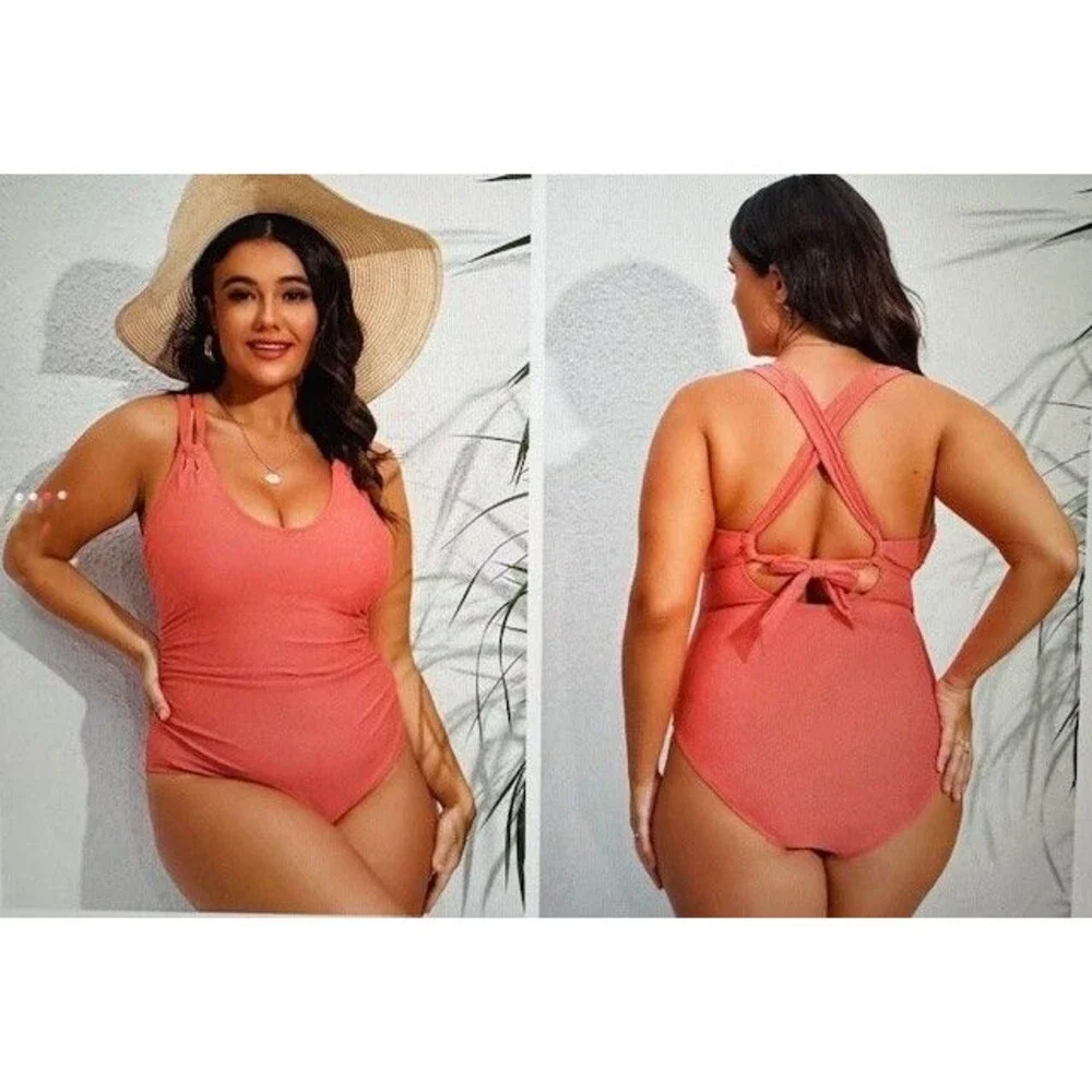 Cupshe Tempest Shirred Cutout Tie Back One Piece Swimsuit Bathing Suit Plus 0X‎